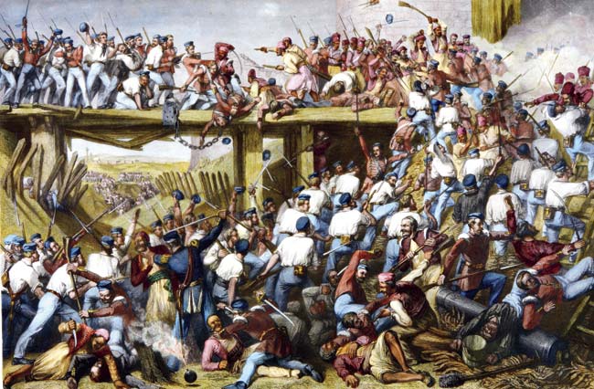 Storming of Delhi; sketched by MS Morgan, Colour Engraving; 1859.  The accompanying engraving deals with the siege and capture of Delhi during the mutiny or the first Indian uprising of 1857. The composition of this work is based upon first-hand accounts and represents the only large and visual account of this momentous struggle.