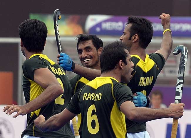 Pakistan hockey players celebrate after scoring a goal against the Netherlands during their Hero Hockey Champions Trophy 2014 quater final match at Kalinga Stadium in Bhubaneswar on Thursday. Pic/AFP