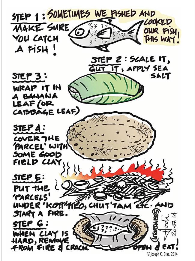 BAKING FISH, GOAN-STYLE: If the river runs close to your home, as it does in the case of quite a few Goan villages, then you can start fishing in the morning and by noon cook some fish in the way depicted above.