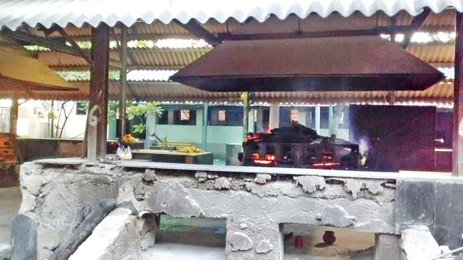 A wooden pyre at the crematorium