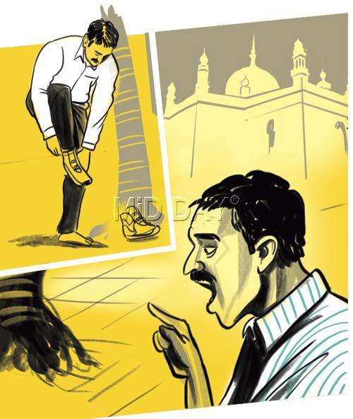 Early in November, Buldhana’s Constable Kunte loses his footing after someone steps into his shoes at Haji Ali and struts off. Illustrations/Amit Bandre
