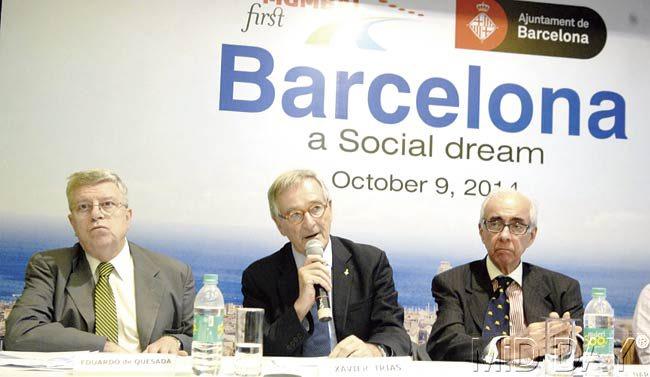 The Mayor of Barcelona, Xavier Trias and the Deputy Mayor Antoni Vives spoke at ‘Barcelona, a social dream’ at Y B Chavan Centre on Thursday. The talk was held by Mumbai First and its chairman Narinder Nayar was present. Also seen is Eduardo de Quesada, Consul General of Spain. Trias and Vives spoke about how Mumbai could also be developed like Barcelona. Pic/Bipin Kokate