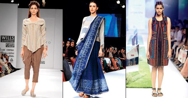 A model in Gaurav Jai Gupta’s creation and (right) in Anavila Misra’s creation at Lakme Fashion Week Winter/Festive 2014. Same designs were shown at Sahachari Foundation’s exhibition