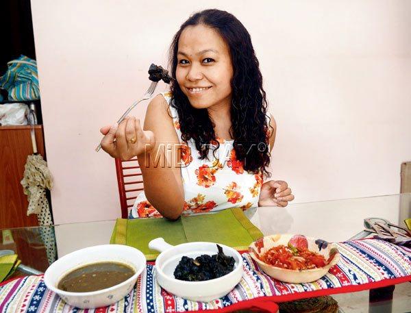 Gitika Saikia, who promotes North-east Indian cuisine through workshops, pop-ups and cookery shows, with Meghalayan dishes Daineiiong, Nakham Bitchi and Dohneiiong, at her Malad residence