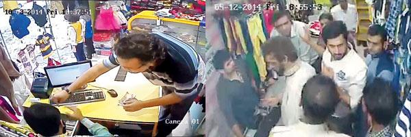 (Left) CCTV footage from first robbery. (Right) Parvez Kunda (centre) nabs Rahim Gharenepur as seen in CCTV footage from second robbery