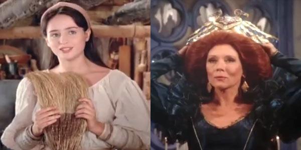 Sarah Patterson (Snow White) and Diana Rigg (The Evil Queen). (Below) The dwarves. Pic Courtesy/YouTube