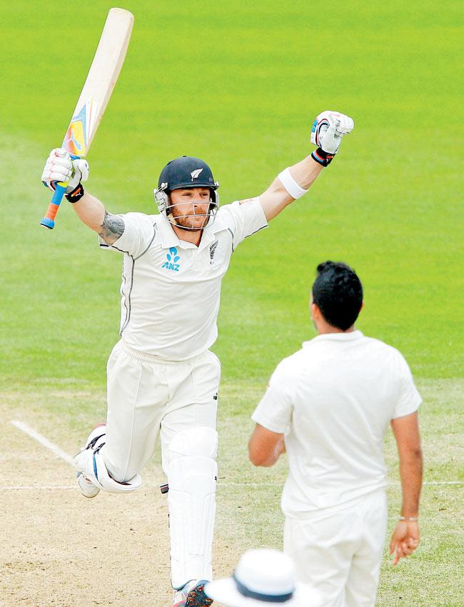 Brendon McCullum celebrates his 300 against India in Wellington yesterday. Pics/Getty Images