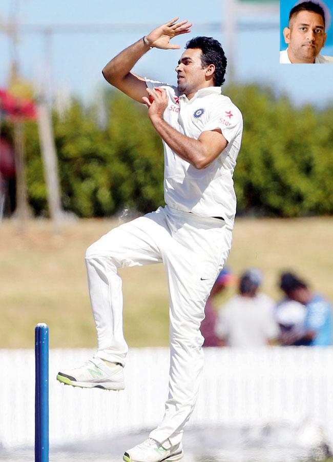 Zaheer Khan bowls during the warm up match against New Zealand XI in Whangarei on Sunday. Pic/AFP and (Inset) MS Dhoni