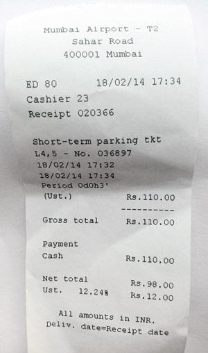 A parking receipt showing the charges for a two-minute stay