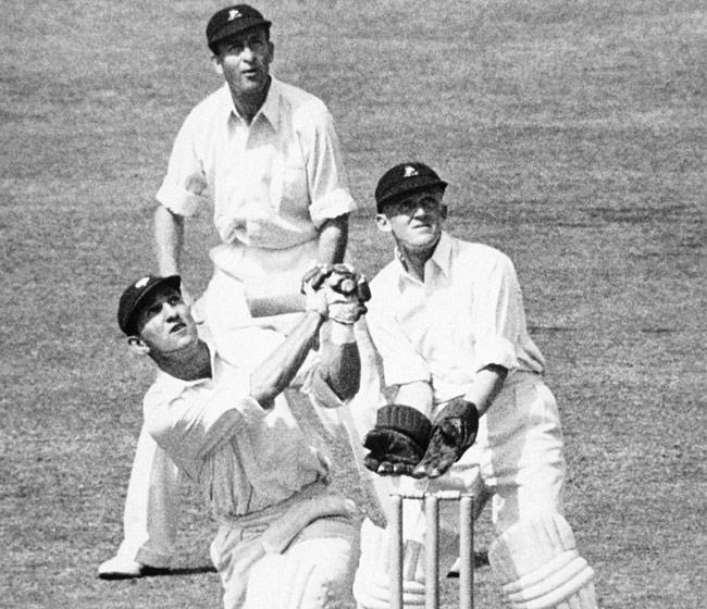 Hutton deals with a ball from Athil Rowan in emphatic fashion during England’s innings in the final Test against South Africa at the Oval, London in 1947. Pics/Getty Images