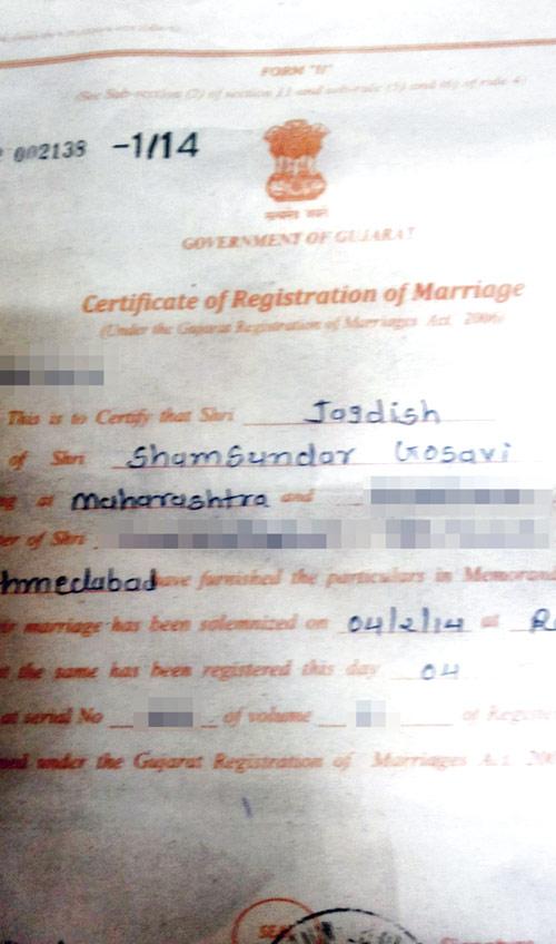 The marriage certificate proving Jagdish got married in Ahmedabad