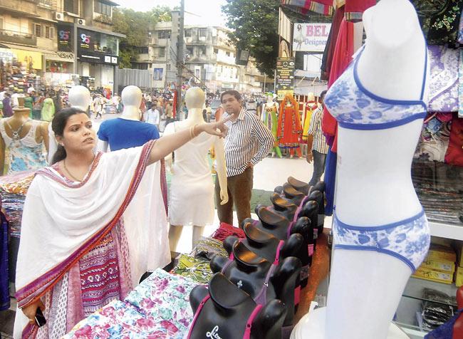 Ritu Tawde points at a lingerie-clad mannequin she found offensive while surveying a market in her ward in Ghatkopar last year. File pics