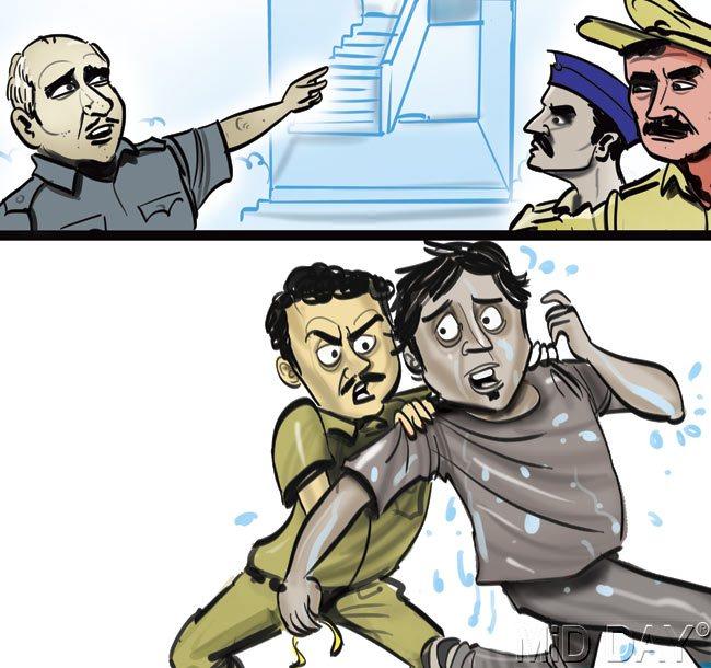 5. A security guard informs the cops about a drenched man. The cops follow the trail that comes to a stop on the third floor of building and nab the soaking wet thief