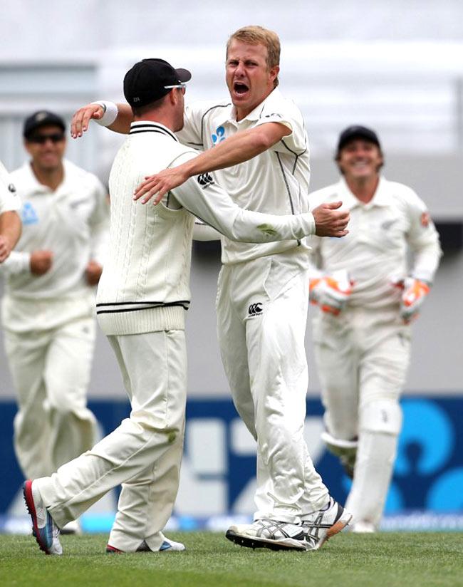 Neil Wagner celebrates fall of an Indian wicket in the first Test. Pic/AFP
