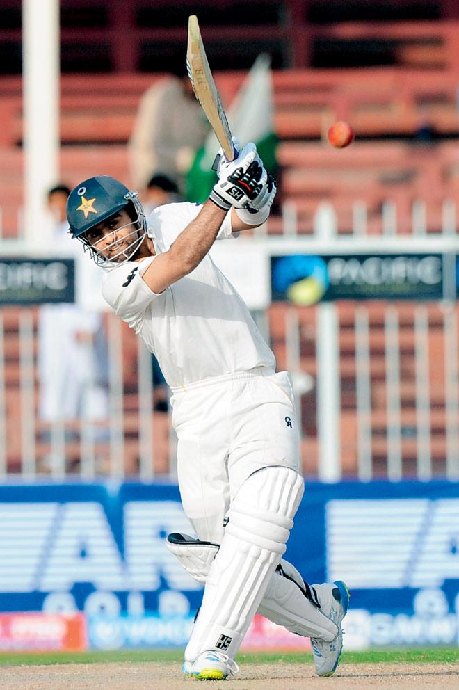 Pakistan’s Ahmed Shehzad plays a shot on Day Three of the Test against SL on Saturday. Pic/AFP