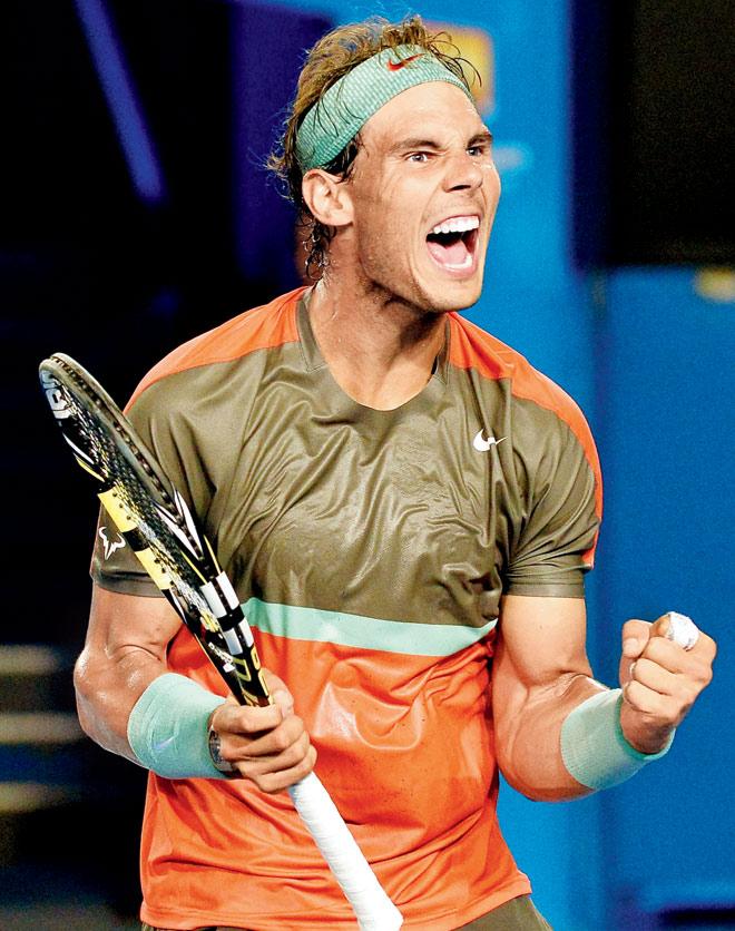 Rafael Nadal celebrates after beating France’s Gael Monfils. Pic/AFP