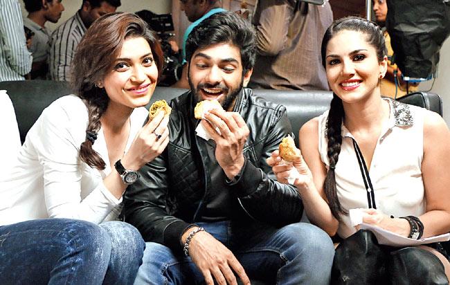 From left: Karishma Tanna, Tahaa Shah and Sunny Leone on the sets of Tina and Lolo