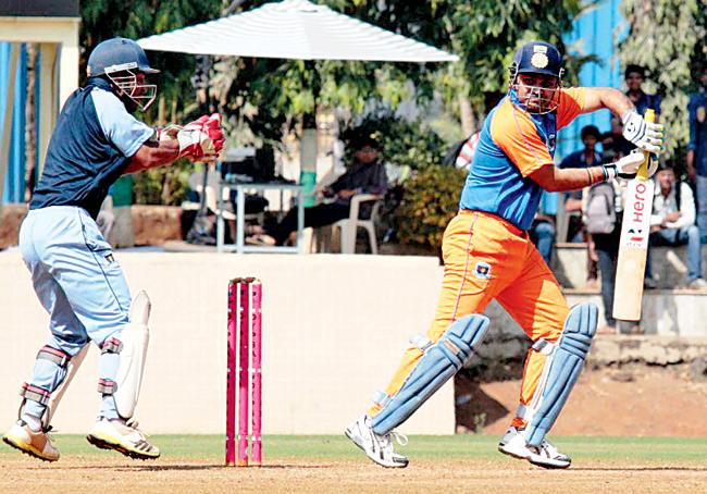 Virender Sehwag during his 20-ball 48 for Comptroller & Auditor General against Mumbai Customs in the Dr DY Patil T20 Cup yesterday