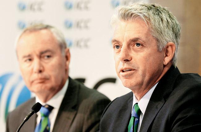 ICC President Alan Isaac (left) and CEO David Richardson during a press conference at the ICC Headquarters in Dubai on Wednesday. Pic/Getty Images 