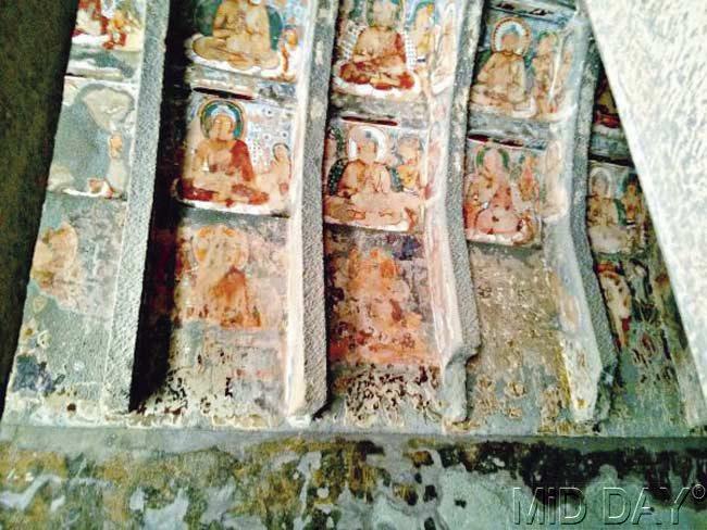 Paintings with vibrant colours on the walls of Ellora Caves. Pic/ Parul Sharma  