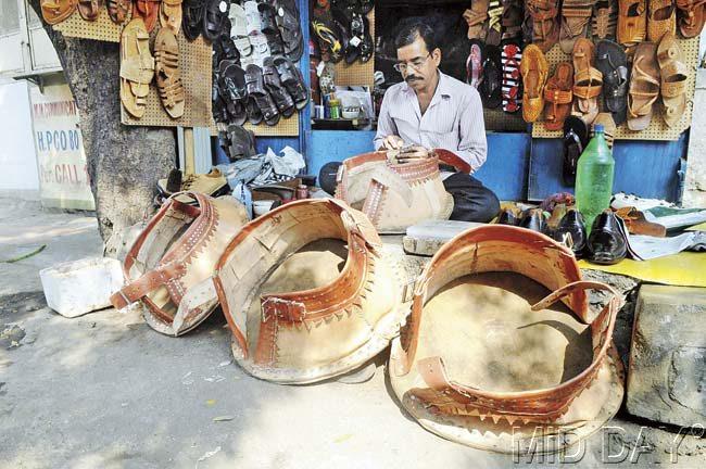 Asharam Waghmare, the Borivli based cobbler, was paid Rs 40,000 to make these shoes for Pandey’s elephant. Pic/Nimesh Dave
