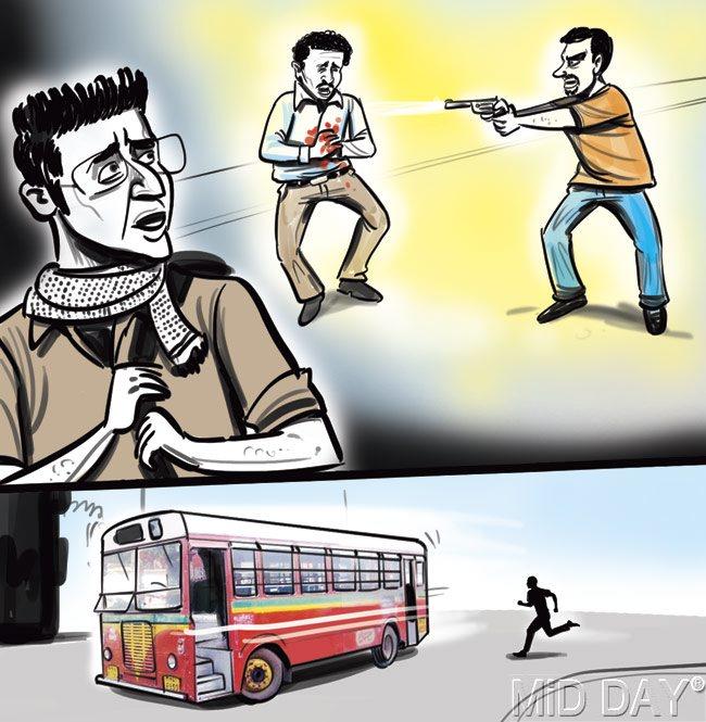 Witnessing the crime, Arshad Ali Saddiq Sheikh (23), a deaf-mute youth, started running after Khan, who had started running towards a BEST bus. Illustrations/Amit Bandre