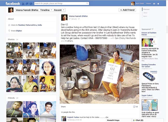 Veena’s Facebook page shows her living in an open plot, surrounded by her utensils, suitcases and a stool. The dispute over the apartment started after the death of her husband