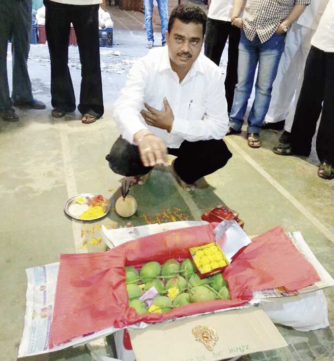 The traditional ritual of blessing the first batch of mangoes was carried out at the APMC in Vashi yesterday