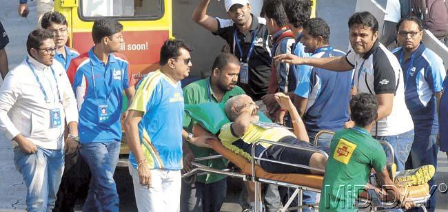 A runner had to be stretchered away after he suffered dehydration during the marathon