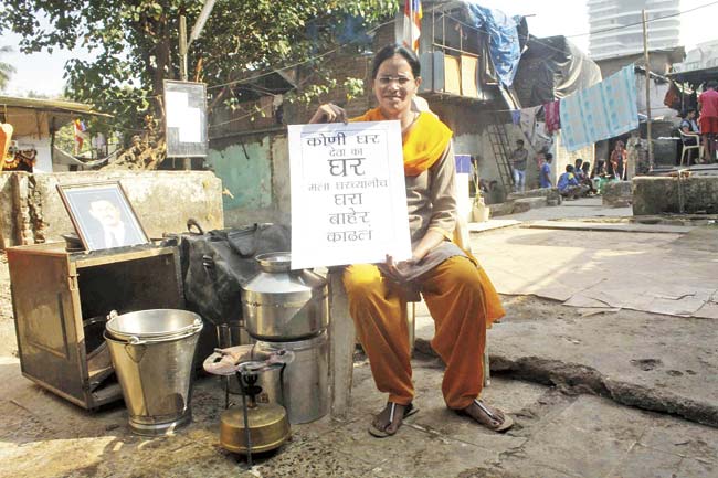 As a gesture of protest, Veena has been camping out in the open, just outside the redeveloped chawl where she once had a home