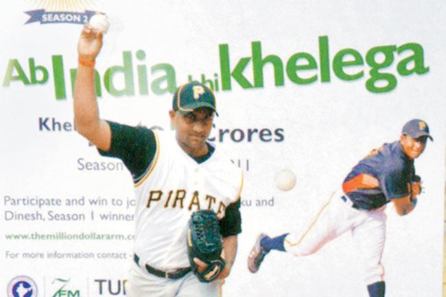Dinesh in the Pirates uniform at the kickoff for Season Two of the reality show, The Million Dollar Arm, in Delhi in 2011
