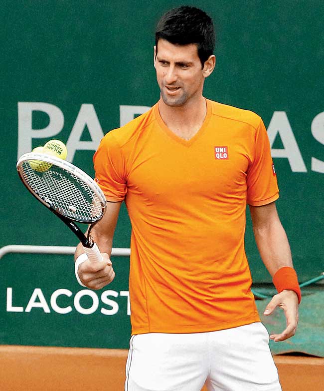 World No 2 Novak Djokovic practices on eve of French Open in Paris. Pic:AP/PTI