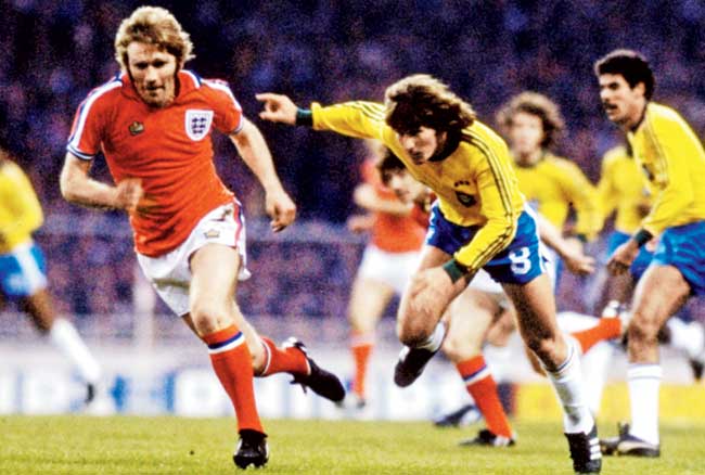 Tony Currie of England and Zico of Brazil during an International Friendly at Wembley in London in 1978. Pic/Getty Images