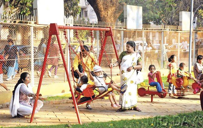 Children play in the kid’s section of Shivaji Park, Dadar