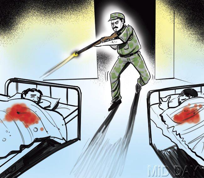 H R Singh and Somdutt allegedly abuse and shout at Yadav. Tired of their repeated harassment, Yadav grabs his SLR rifle and shoots the sleeping duo dead. Illustrations/Amit Bandre
