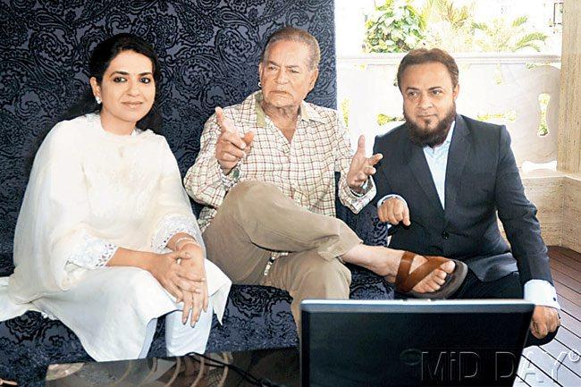 From left: Shaina NC, Salim Khan and Zafar Sareshwala at Khan’s Bandra home yesterday. Pic/Suresh KK