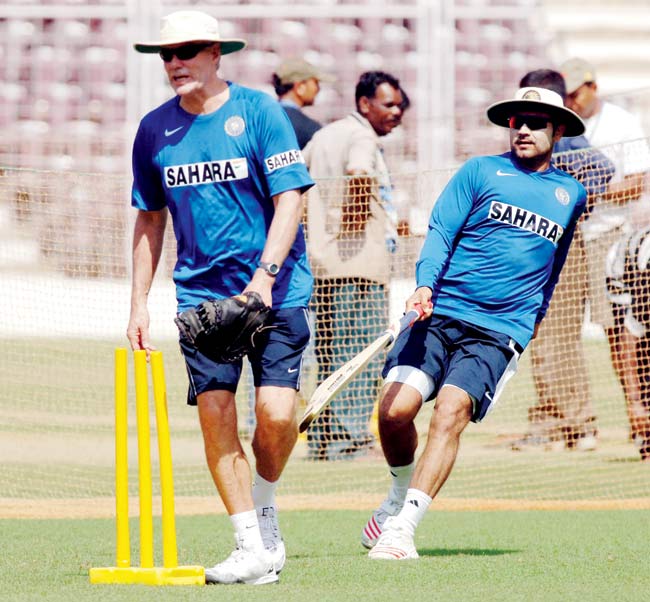 Greg Chappell (left) during a training session with Virender Sehwag. Pic/Mid-day archives