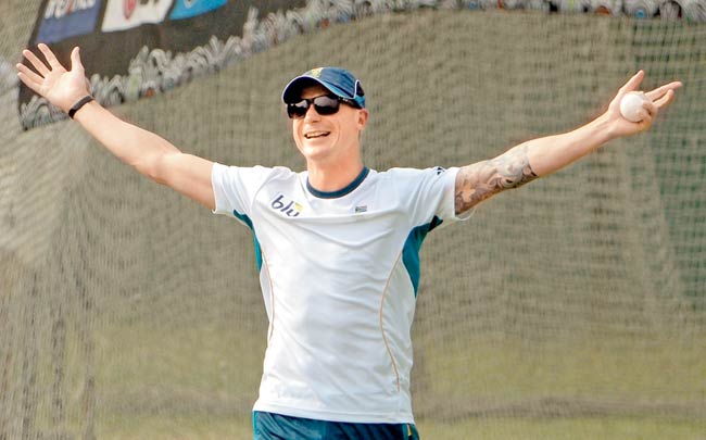 South Africa pacer Dale Steyn gestures during the training session at the Sher-e-Bangla National Cricket Stadium in Dhaka yesterday. Pic/AFP