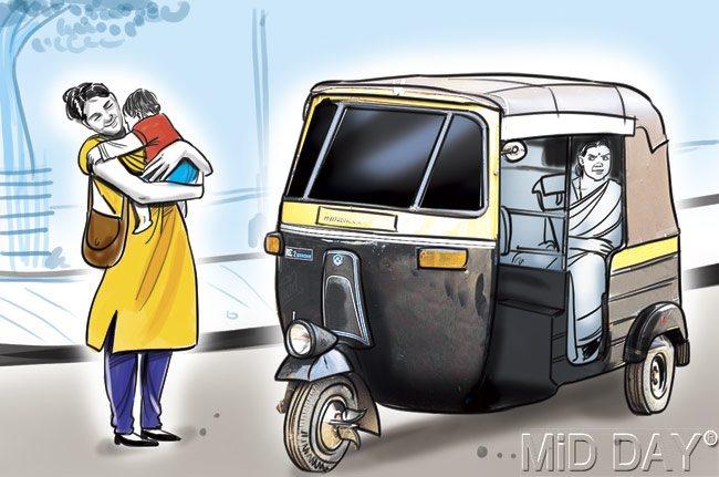 At 11.32 am on Sunday, Sunita Katkar gets into a shared auto with her infant son, Manthan, in Airoli, to go to Thane to shop for him. A woman is already sitting in the auto. Illustrations/Amit Bandre