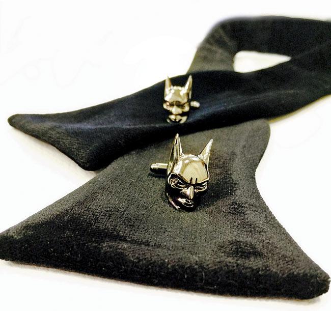 Batman cufflinks (R3,700); Black self-tie bow tie (R3,000)
