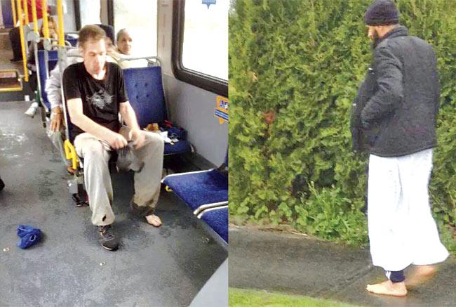 Transit operator Surjit Singh took these two photos on the bus. The first one shows the grateful recipient wearing the shoes. The second one shows the donor walking away barefoot