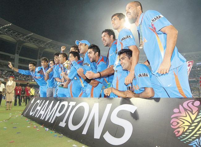 The Indian team celebrates their World Cup triumph after beating Sri Lanka at the city’s Wankhede Stadium on April 2, 2011. Pic/Getty Images