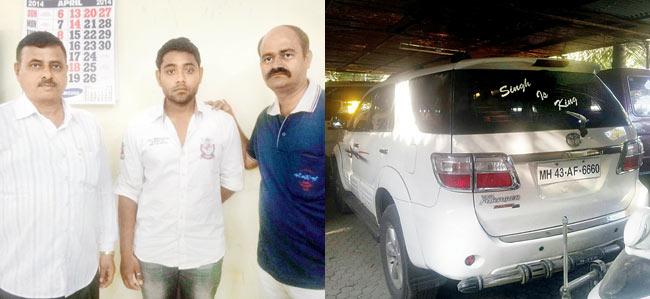 In police custody: Akshay Saxena (in the centre) who stole Nagpur Shiv Sena district president’s Toyota Fortuner (right)