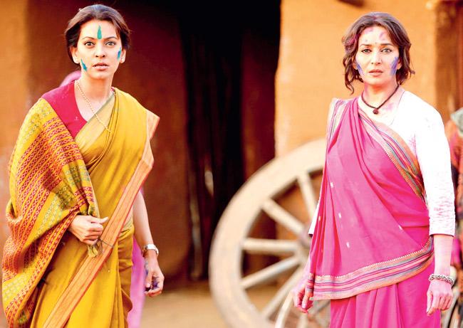 Juhi Chawla (left) and Madhuri Dixit in the film, 