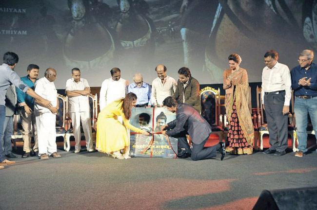 From left: Saundarya (in yellow), Rajinikanth, A R Rahman, Shah Rukh Khan and Deepika Padukone