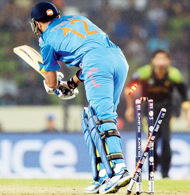 Yuvraj Singh is bowled by Bilawal Bhatti in the game against Pakistan last Friday. Pic/AFP
