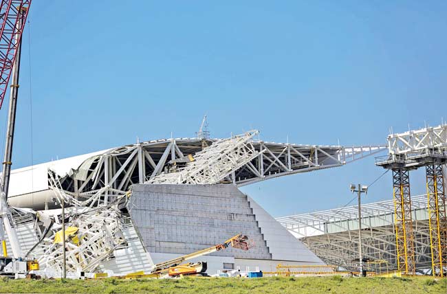 The Corinthians Arena that was left damaged after a crane fell across part of the metallic structure back in November. Pics/AFP, Getty Images