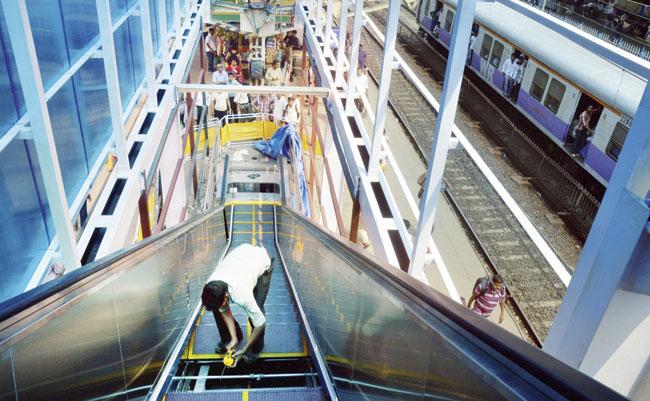 An escalator being installed at Dadar station. Local CR officials claimed unlike lifts — which require additional space escalators should replace FOBs. File Pic