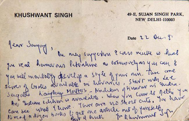 Khushwant Singh’s note to photo-journalist Sanjay Austa