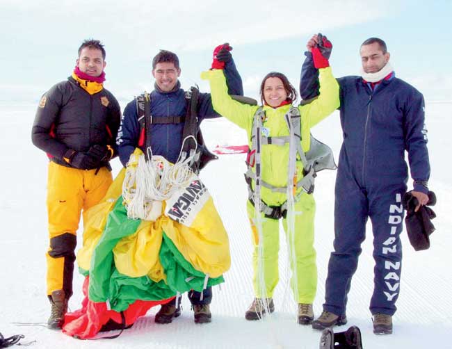 Shital Mahajan after completing her first jump on the South Pole